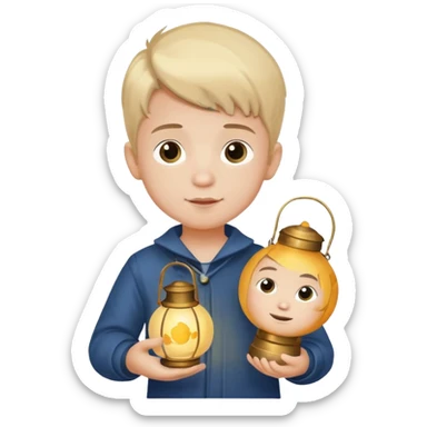 little boy holding a lantern with a moon design sticker