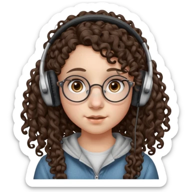 brunette kid with unique face features and very curly long hair kid girl neutral and very big nose and ears and dark eyes with freckles kind of nerd looking and headphone wearing no glassess just nose piercing very big one and evebrow piercing sticker