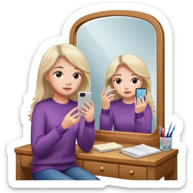 Girl sitting at vanity taking out picture with iphone 15 plus in the mirror and study materials on the vanity sticker