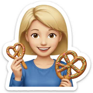 Short, Straight, Dirty blond hair, fair skin, woman winking holding pretzels sticker