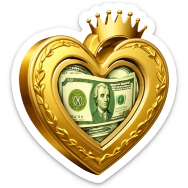 "Realistic HD red heart fused with cash and gold elements, heart seamlessly blended with money textures and molten gold details, dramatic warm glow, luxurious but clean, white background." sticker