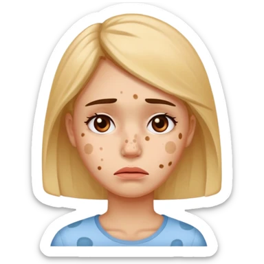 The woman's face has acne, spots on her face, and she makes a sad face. sticker
