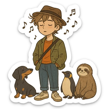 ghibli style trendy, sleepy musician with musical notes, wearing fashionable outfit, with dachshund, penguin, and sloth sticker