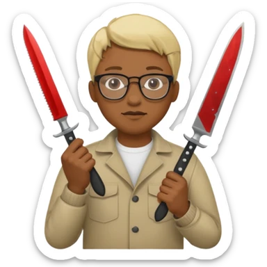 blonde black man with glasses and knives sticker