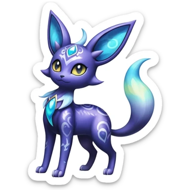 Shiny Exotic Badass Colorful Ethereal Royal Mysterious Gothic Espeon-Meowstic-Umbreon-Pokémon-Fakémon-hybrid-creature (full body) with random pattern-markings sticker