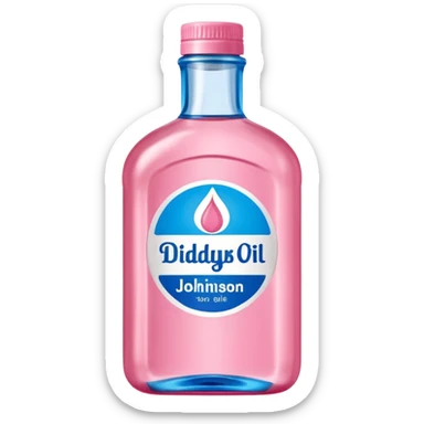 bottle of oil blue top pink outside with logo that says Diddys Oil Johnson and Johnson bottle  sticker