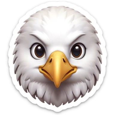 Cinematic Cute American Eagle Portrait Emoji, Head tilted playfully and inquisitively, featuring a streamlined form with a subtle blend of dark and white plumage and round, sparkling eyes full of spirited charm, Simplified yet irresistibly adorable features, highly detailed, glowing with a warm, inviting glow, high shine, affectionate and lively, stylized with a touch of whimsical aerial grace, soft glowing outline, capturing the essence of a mischievous yet endearing American eagle that seems as if it could glide out of the screen into your heart! sticker