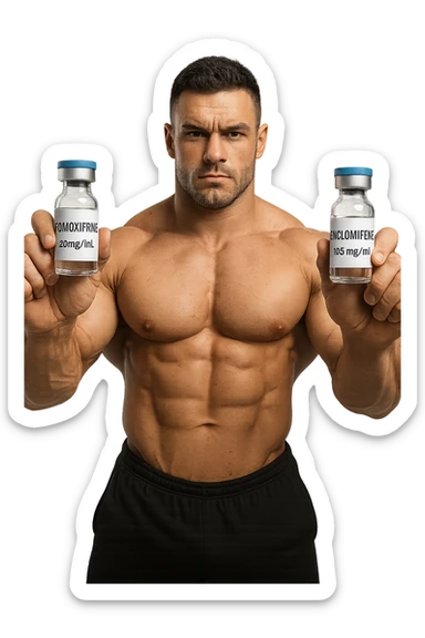 bodybuilder tiene una fiala medica con la scritta "TAMOXIF€NE" NELLA MANO DESTRA E UNA FIALA CON LA SCRITTA €NCL*MIFENE" NELLA MANO SINISTRA sticker