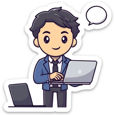 Business strategist man with black wavy hair, stubble, chiseled face, wearing blazer and button-up shirt, holding laptop, confident expression sticker