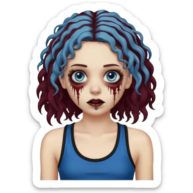 Crie um emoji de uma garota zumbi, como esta: "🧟‍♀️'. Porém invés da camiseta, uma regata fina e de cor preta, os cabelos loiros escuros na altura do ombro e picotado, liso na raiz e cacheado nas pontas, com mechas azuis nas mechas da frente e a parte de trás pintada de vermelho vinho sticker