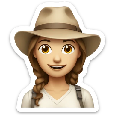A woman with brown hair and a beige hat, winking with one eye and with a camera around her neck sticker