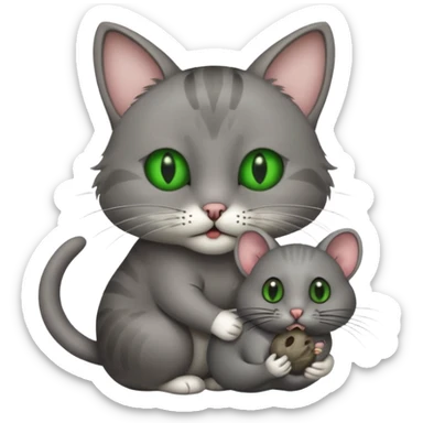 A cat holding a gray dead mouse in its mouth sticker