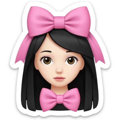 white girl, cute, black long straight hair, large pink bow sticker