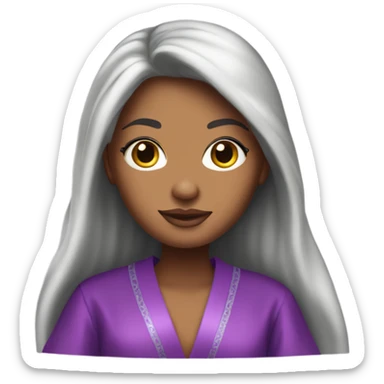 Tanned woman with long black hair wearing a silk purple Victoria’s Secret robe sticker