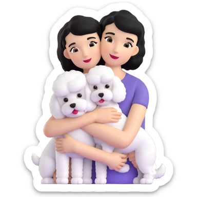 woman with short black hair hugging a brown poodle and a white bichon frise sticker