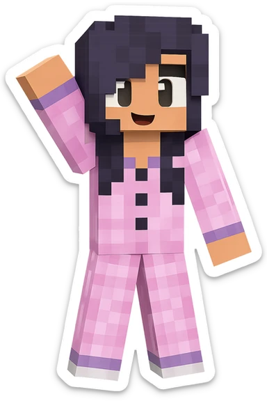 Extract only the middle character with purple hair and pink pajamas, keep the original Minecraft cartoon style and appearance, place on a transparent background. sticker
