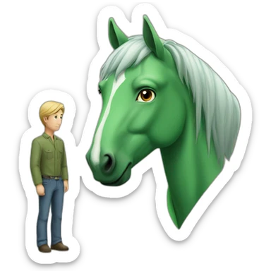 a green horse looking into a normal guy sticker