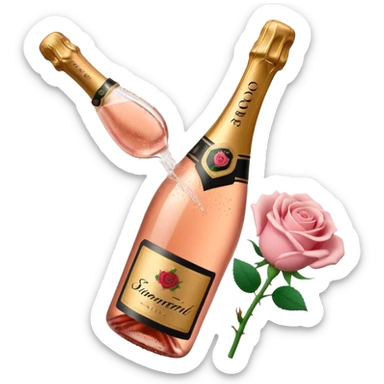 bottle of sparkling rosé champagne with a rose logo on the label, with the cork popping out from the top, tilted up and to the left, no glass sticker