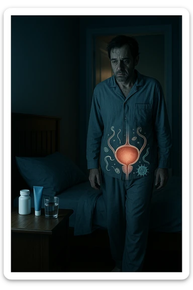 A cinematic night scene showing a man in his late 30s walking stanco verso il bagno in penombra, con la luce fioca che filtra da sotto la porta. Indossa abiti da notte sgualciti, ha un’espressione stanca e il volto scavato dalla mancanza di sonno. Sul comodino accanto al letto ci sono creme mediche, integratori e un bicchiere d’acqua. Una leggera sovrapposizione simbolica mostra, in trasparenza sul corpo, un’area anatomica maschile con presenza di microrganismi parassitari (raffigurati in stile medico-scientifico, non grottesco). Il contrasto visivo fa capire che la causa della nicturia è interna e nascosta, non visibile all’occhio umano. Illuminazione fredda, stile 35mm con profondità emotiva e sottile tensione clinica. sticker