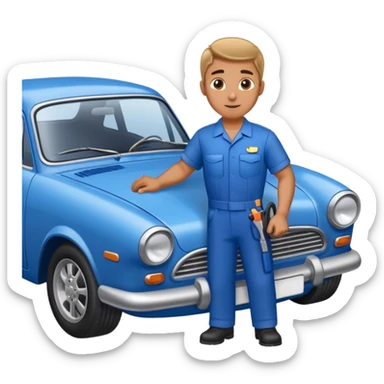 Guy working on a blue car sticker
