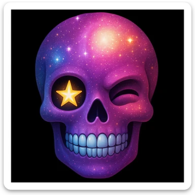 Edit the galaxy glitter skull to have a playful, cheeky wink with one eye socket squinting and a glowing star in the winking eye. Maintain the galaxy style and vibrant colors, emphasizing the glittery cosmic effect and vibrant hues. sticker