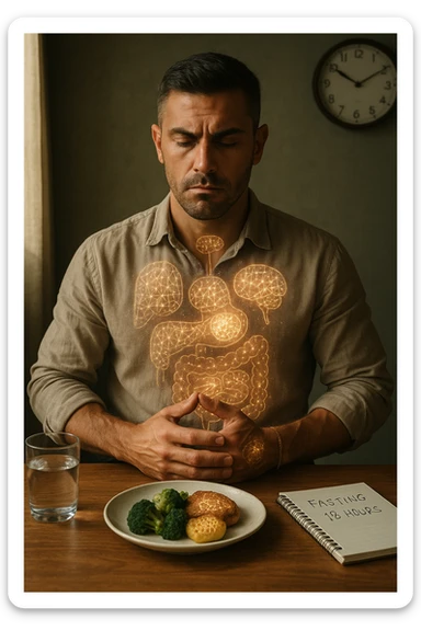 A cinematic close-up of a focused man in his mid-30s with slight beard and tired but determined eyes, sitting alone at a simple wooden table with an untouched plate of food in front of him. His hands are clasped, fingers interlocked in a meditative position over his lower abdomen, symbolizing willpower and internal balance. He wears a lightweight natural fiber shirt, sleeves rolled up. The lighting is soft and natural, early morning light coming from a nearby window. Around him, visual cues of cellular regeneration — faint glowing patterns subtly overlaying his body, especially near the liver, gut, and brain, suggesting autophagy and deep healing. The room is minimalist: a glass of water, a notebook with fasting hours, and a clock in the background ticking calmly. The tone is serene, intentional, and deeply introspective. Shot in 35mm cinematic style, warm highlights and clean shadows. sticker