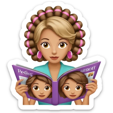 mujer en la peluquería con rulos en la cabeza y leyendo una revista sticker