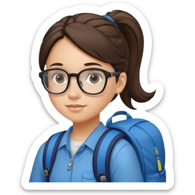 student brunet kid girl, ponytail wearing glasses with backpack sticker