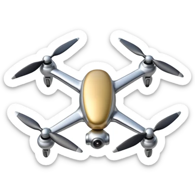 A futuristic drone emoji made of polished silver chrome, smooth rounded body, minimal propellers, reflective metallic surface, soft studio lighting, iOS emoji style, centered, clean white background sticker