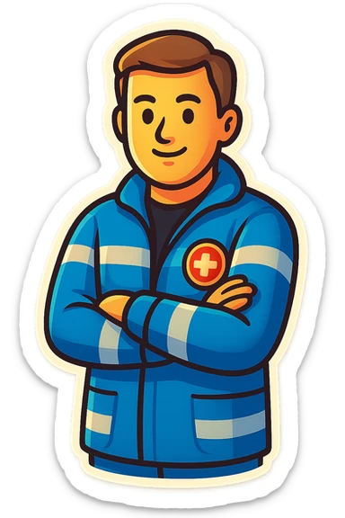 Create an illustrated emoji-style version of a male paramedic in a blue uniform, standing with arms crossed, with a simple background and a friendly expression. The style should be retro stickers emoji style, colorful and clear. sticker