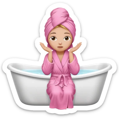 A woman sitting on the edge of a bathtub, wearing a pink bathrobe and towel on her head, one hand on her shoulders and eyes closed  sticker