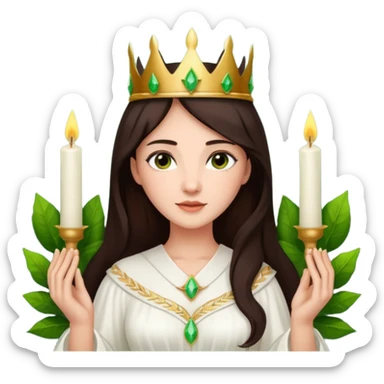  saint lucia with dark brown hair with a white gown and a crown made from greenery with candles on the crown sticker