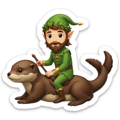tiny forest elf man long brown hair beard riding an otter sticker