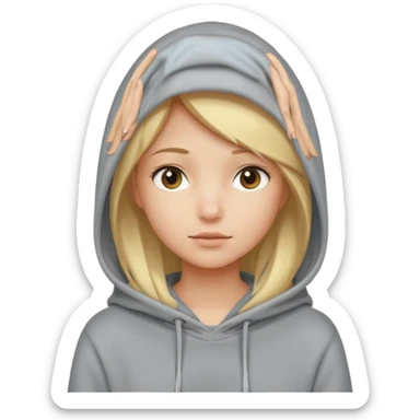 blonde girl with her head covered in a sweatshirt and hood sticker
