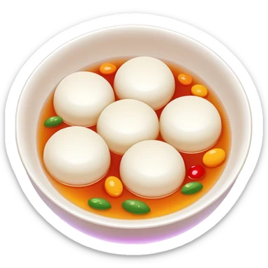 Sweet rice balls Tangyuan in syrup with colorful fillings, simplified emoji style with bold outlines and bright colors, cartoon style traditional Chinese dessert sticker