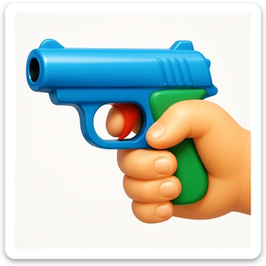 A 3D iOS emoji-style close-up of an index finger pulling a pistol's trigger, showing only the hand and the trigger area inside the trigger guard; stylized, non-realistic colour toy-pistol look, glossy Apple-style finish, clean white background.

 sticker