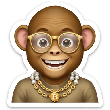 rich monkey with glasses smiling with diamond grillz and a bitcoin golden chain with diamond pearls sticker