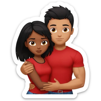 generate a pretty tan bratz boy hugging a fair black haired gf. The guy has black messy hair, lean but muscled and wearing a red tshirt sticker