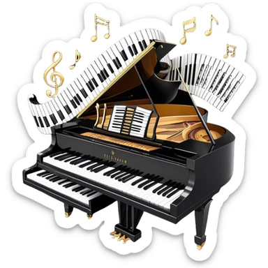 Create a sophisticated and celebratory emoji collage representing keyboard instruments, designed in the style of a coat of arms or crest. The design should feature surrounded by a ribbon of musical notes. The ribbon should intertwine with a second ribbon made of black-and-white piano keys, creating a flowing, symmetrical pattern.  The musical notes should be swirling around the design in a harmonious, festive arrangement. Use gold, silver, and rich wood tones to evoke a sense of luxury and professionalism, with the black-and-white keys of the piano adding contrast. The background should remain transparent sticker