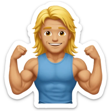 muscled happy guy flexing, long yellow hair sticker