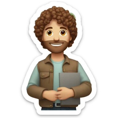 White man with brown, curly hair holding flowers in his right hand and a sign reading i love you in his left hand sticker