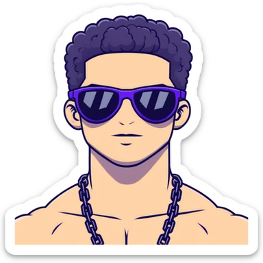 shirtless male athlete with white skin and moderately curly black hair on top with shaved sides, wearing purple sunglasses with very dark heavily tinted black lenses, and a simple plain black chain necklace with absolutely no pendant or decoration sticker