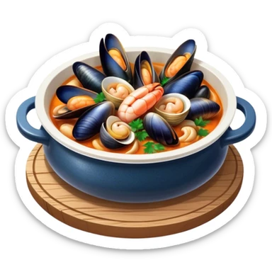 Cinematic Realistic Buzara Seafood Dish Emoji, depicted as a rustic, flavorful seafood stew with shellfish rendered with rich textures and dynamic, maritime lighting. sticker
