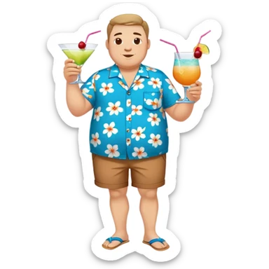 chubby guy full figure in a flowered azure havai shirt, brown shorts and flippers holding a cocktail sticker
