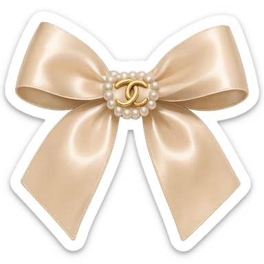 Remove the background, keep only the elegant bow with pearls and gold Chanel logo, glossy, pastel colors, realistic style, with no background. beige sticker