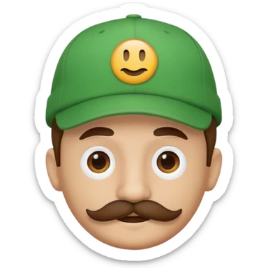 round emoji face with brown mustache and green cap with white circle emblem, 3D emoji style, 1:1
 sticker