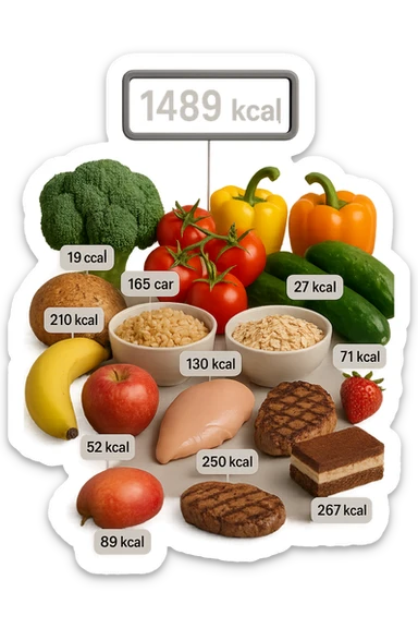 a digital calorie counter hovers above a variety of foods arranged on a table—fruits, vegetables, grains, meats, and desserts. Each food has a floating label showing its calorie content. The background is clean and modern, emphasizing the educational aspect of calorie awareness. scritto in italiano sticker