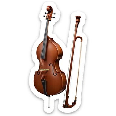 Create an elegant and detailed emoji representing a Gliga Gama double bass with bow. The design should showcase the large, sleek body of the double bass with its rich wood finish, including the characteristic curves and deep tone holes. The bow should be elegantly positioned next to the instrument, highlighting the hair and smooth wooden stick. Use warm wood tones like chestnut brown for the body of the bass, silver accents for the fittings, and dark brown for the bow. Add subtle musical notes or sound waves flowing from the bass to represent its deep, resonant sound. The background should be transparent. sticker