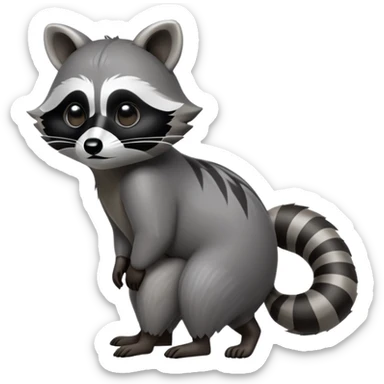 Cinematic-Raccoon-Realistic-hunched Full-Body-Standing on all fours-Emoji – Tail flicking lazily, head tilted dramatically, thick grey fur with a signature black mask, sharp and alert ears, simplified yet realistic focused features, highly detailed, glowing with an almost sarcastic glow. sticker