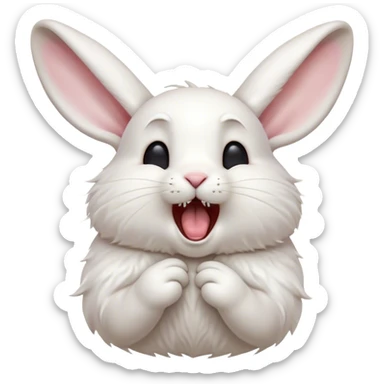 Cinematic Cute Yawning White Rabbit Portrait Emoji, Head tilted slightly with a dramatic, wide-open yawn, showcasing a smooth, silky white fur with floppy ears, round dark eyes barely open in drowsy contentment, Simplified yet irresistibly adorable features, highly detailed, glowing with a soft, cozy glow, high shine, relaxed yet expressive, stylized with a touch of whimsy, bright and endearing, soft glowing outline, capturing the essence of a sleepy yet affectionate bunny, so drowsy it feels like it could stretch out of the screen and curl up for a nap! sticker